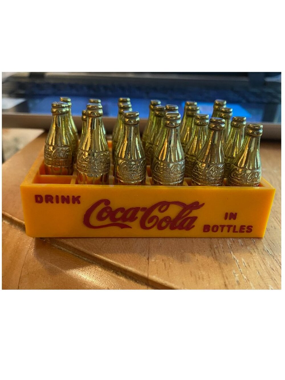 Vintage Coca Cola Mini Crate w 24 mini Brass Tone Coke Bottles